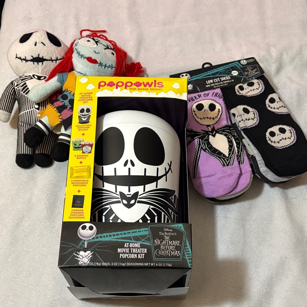 Nightmare Before Christmas Popcorn Kit, Socks and Plushies bundle!